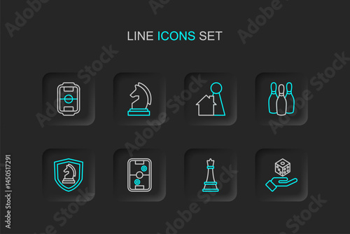 Set line Game dice, Chess, Air hockey table, Bowling pin, Chip for board game, and Table football icon. Vector