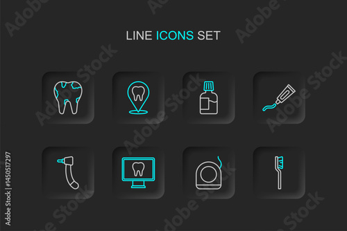 Set line Toothbrush, Dental floss, Online dental care, drill, Tube of toothpaste, Mouthwash, clinic location and Broken icon. Vector