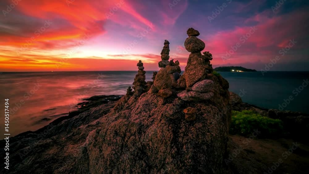 Serene Sunset Coastal Rock Cairns and Balanced Stones Serene Sunset Coastal Rock Cairns and Balanced Stones