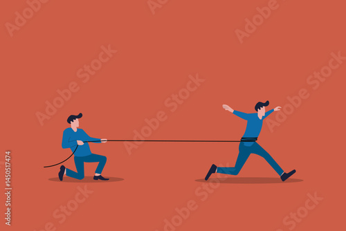 Businessman trying hard to run forward from the ropes of the boss