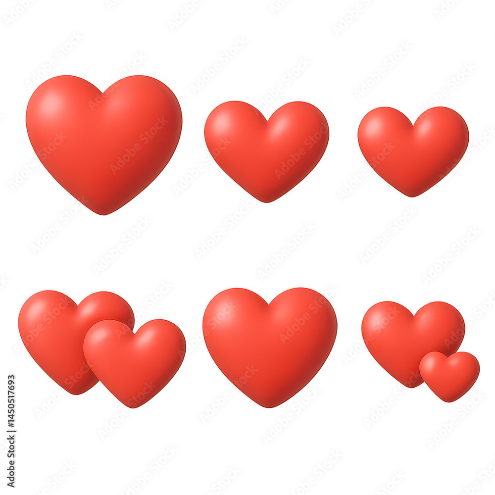 Romantic Hearts: A collection of vibrant, perfectly rendered, scarlet hearts, each with smooth, rounded curves, floating in a bright, airy space, symbolizing love and affection. Romantic Hearts: A collection of vibrant, perfectly rendered, scarlet hearts, each with smooth, rounded curves, floating in a bright, airy space, symbolizing love and affection.