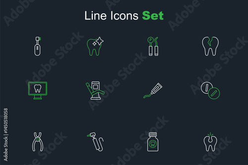 Set line Broken tooth, Toothache painkiller tablet, drill, Dental pliers, Tube of toothpaste, Medical dental chair and Online care icon. Vector