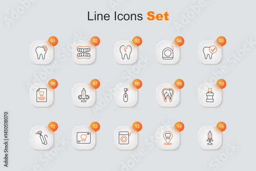 Set line Syringe, Dental clinic location, floss, X-ray of tooth, Tooth drill, Mouthwash, Broken and Electric toothbrush icon. Vector