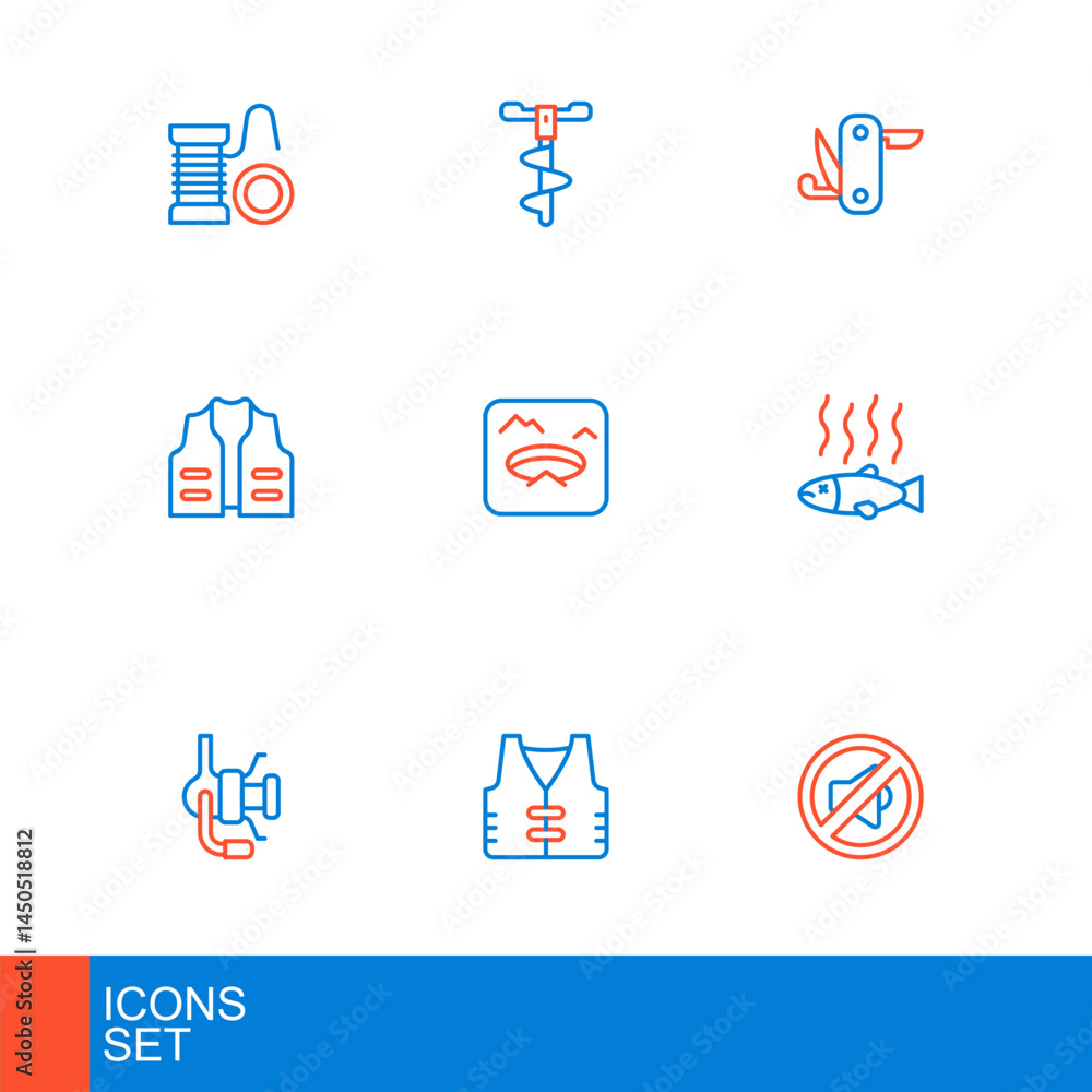 Set line Speaker mute, Fishing jacket, Spinning reel for fishing, Dead, Winter, Swiss army knife and Hand ice drill icon. Vector Set line Speaker mute, Fishing jacket, Spinning reel for fishing, Dead, Winter, Swiss army knife and Hand ice drill icon. Vector