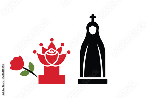 Red Rose and Catholic Nun Silhouette Emblem Against White Background