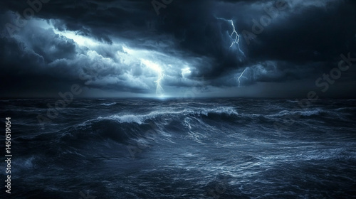 A dark stormy night over the ocean with storm clouds blocking the moonlight and churning waves weather anger sadness depression mental illness sense of loss concepts danger background with copy space