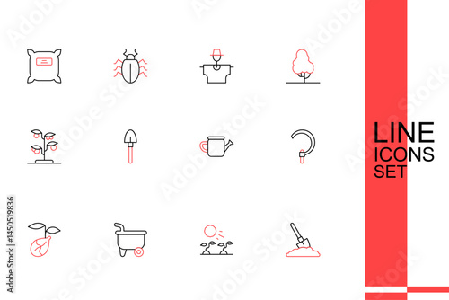Set line Shovel in the ground, Plant sprouts grow sun, Wheelbarrow, Sprout, Sickle, Watering can, and icon. Vector