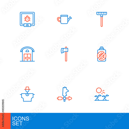 Set line Plant sprouts grow in the sun, Rooster weather vane, Scarecrow, Spray against insects, Farm house, Wooden axe, Garden rake and Watering can icon. Vector