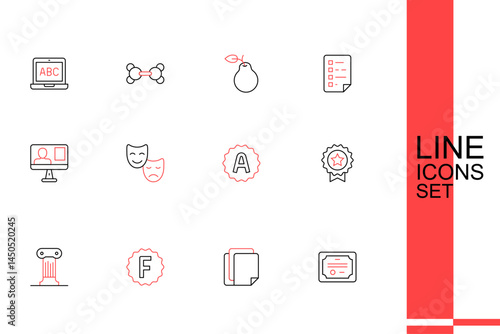 Set line Certificate template, File document, Exam paper with incorrect answers, Law pillar, Medal star, sheet A plus grade, Comedy and tragedy masks and Online class icon. Vector