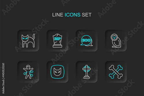 Set line Crossed bones, Tombstone with cross, Black cat, Voodoo doll, Owl bird, Boo speech bubble, RIP written and icon. Vector