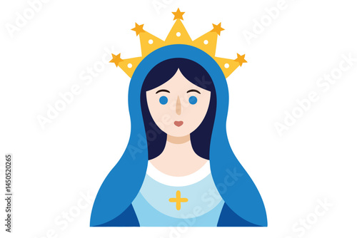 Iconic Depiction of Virgin Mary with Golden Crown and Blue Veil