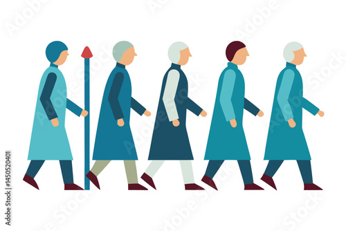 Minimalist Illustration of People Walking in a Row with a Guide Pole