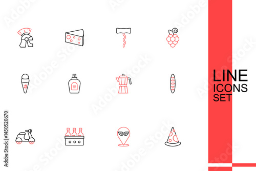 Set line Slice of pizza, Carnival mask, Bottles wine, Scooter, French baguette bread, Coffee maker moca pot, Perfume and Ice cream waffle icon. Vector