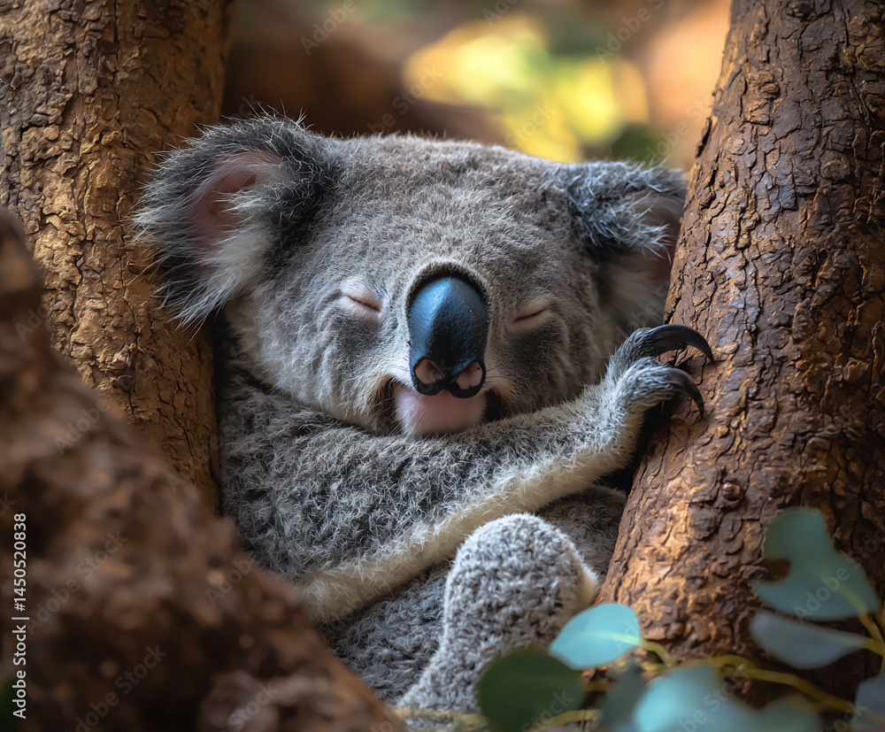 Obraz premium relaxed koala drowsing between tree trunks,