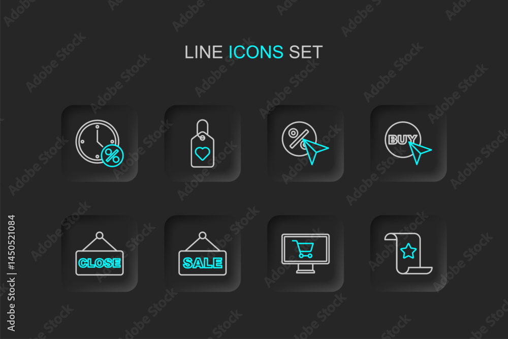 Set line Paper check and financial check, Shopping cart on monitor, Hanging sign with text Sale, Closed, Buy button, Discount percent tag, Heart and Clock discount icon. Vector Set line Paper check and financial check, Shopping cart on monitor, Hanging sign with text Sale, Closed, Buy button, Discount percent tag, Heart and Clock discount icon. Vector