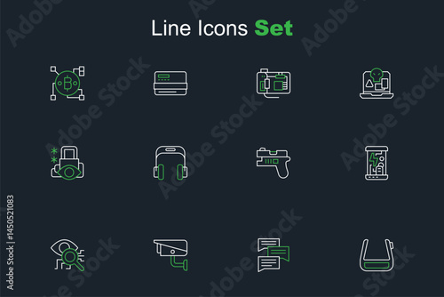 Set line Smart glasses on spectacles, Speech bubble chat, Security camera, Eye scan, Cryogenic capsules, Futuristic weapon, Headphones and Cyber security icon. Vector