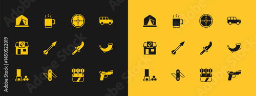 Set Safari car, Swiss army knife, Hunter, Quiver with arrows, Medieval, Sniper optical sight, Tourist tent and Coffee cup icon. Vector