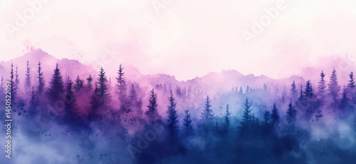 Stunning watercolor landscape of misty forest with mountains at dawn.