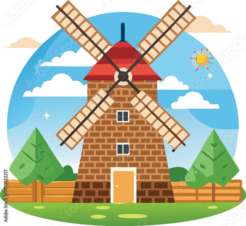 A traditional windmill with wooden blades spinning in a green meadow under fluffy clouds