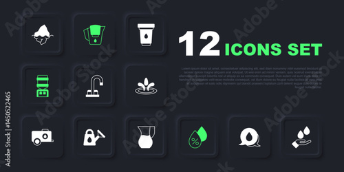 Set Water drop with speech bubbles, Washing hands soap, tap, percentage, cooler, Watering can, jug filter and Jug glass water icon. Vector