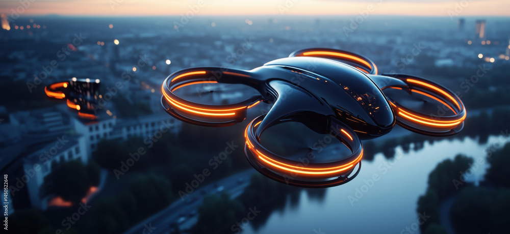 Futuristic drone flying over cityscape at dusk with glowing orange accents.