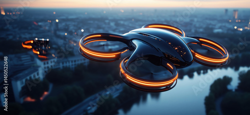 Obraz na płótnie Futuristic drone flying over cityscape at dusk with glowing orange accents. w salonie