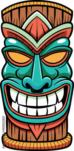 Tiki Mask Hawaiian Tribal Wooden Totem Traditional Culture Idol Sculpture Cartoon Vector Illustration Colorful Tropical Leaves Decoration Maori Polynesian African Statue Head Face Design