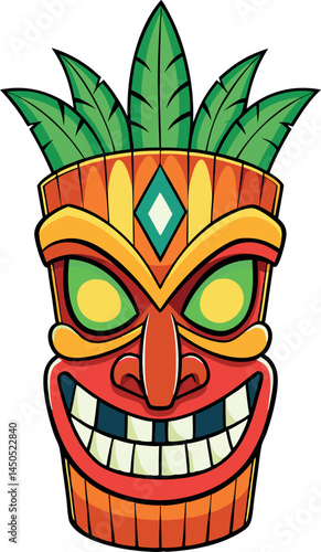 Tiki Mask Hawaiian Tribal Wooden Totem Traditional Culture Idol Sculpture Cartoon Vector Illustration Colorful Tropical Leaves Decoration Maori Polynesian African Statue Head Face Design