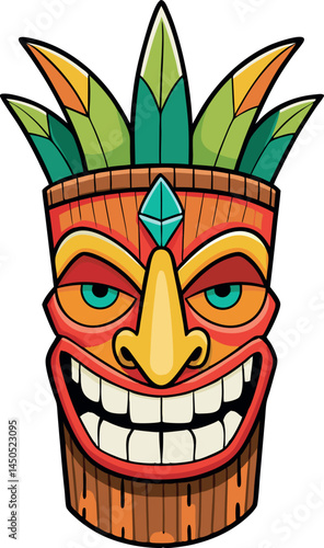 Tiki Mask Hawaiian Tribal Wooden Totem Traditional Culture Idol Sculpture Cartoon Vector Illustration Colorful Tropical Leaves Decoration Maori Polynesian African Statue Head Face Design