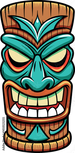 Tiki Mask Hawaiian Tribal Wooden Totem Traditional Culture Idol Sculpture Cartoon Vector Illustration Colorful Tropical Leaves Decoration Maori Polynesian African Statue Head Face Design