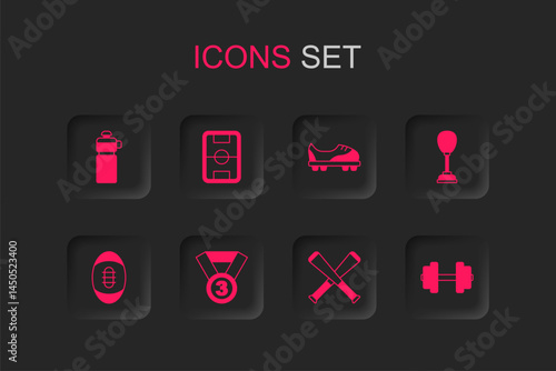Set Medal, Football field, Fitness shaker, Crossed baseball bat, Punching bag, Dumbbell, shoes and American icon. Vector