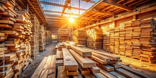 Wallpaper Mural A warehouse full of stacked wooden planks, bathed in the warm golden light of the setting sun, creating a beautiful and inviting atmosphere. Torontodigital.ca