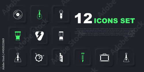 Set Guitar amplifier, Balalaika, pick, Clarinet, African percussion drum, Drum with sticks, Mandolin and Keytar icon. Vector