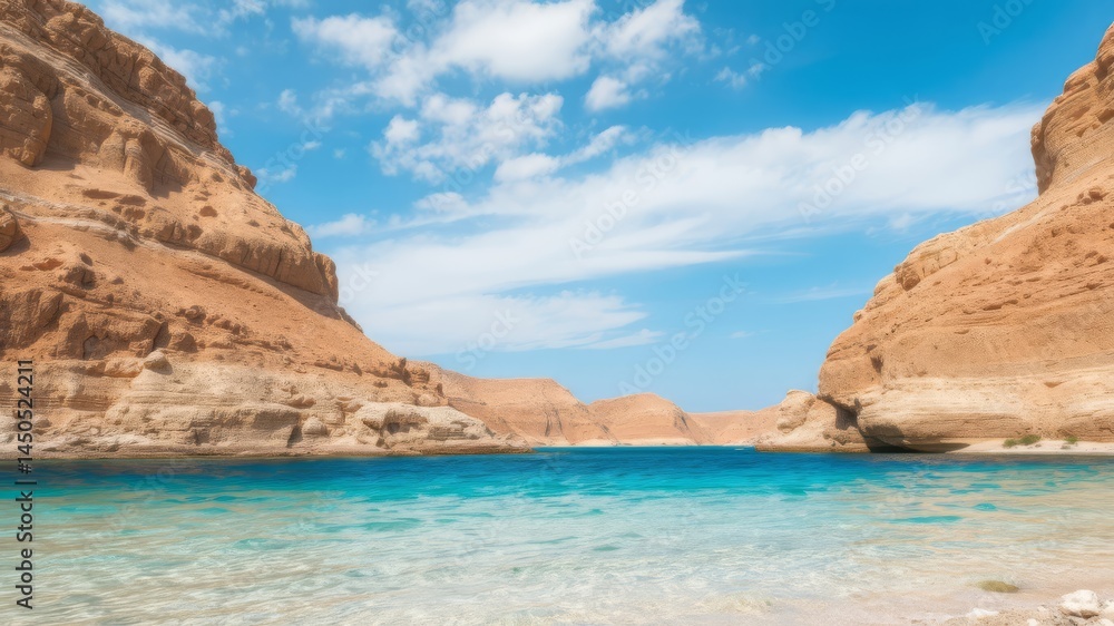A tranquil turquoise lagoon led between dramatic sandstone cliffs under a vibrant blue sky offers a serene escape. A tranquil turquoise lagoon led between dramatic sandstone cliffs under a vibrant blue sky offers a serene escape.