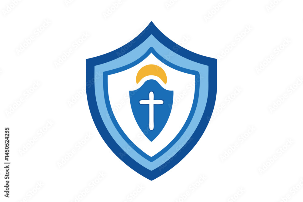 Christian symbol in blue shield with cross and sunset representing faith Christian symbol in blue shield with cross and sunset representing faith