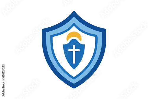 Christian symbol in blue shield with cross and sunset representing faith