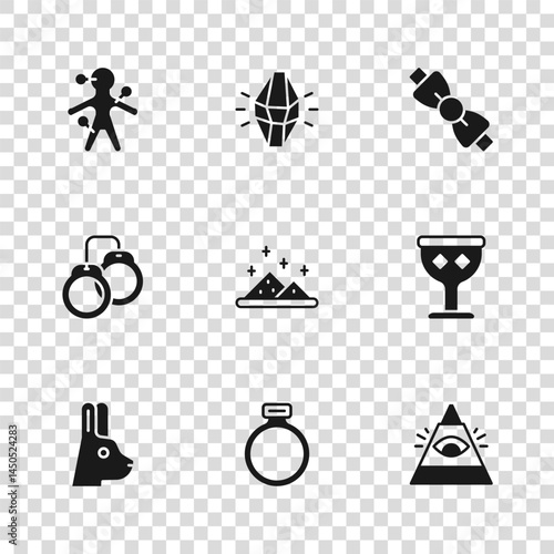 Set Magic stone ring, Medieval goblet, All-seeing eye of God, powder, Bow tie, Voodoo doll, and Handcuffs icon. Vector