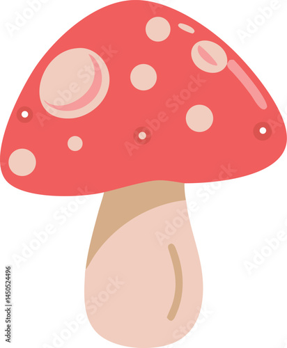 A small whimsical mushroom with dotted cap and curling stem, nestled in a fairy-tale forest