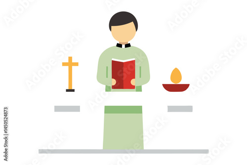 Cartoon illustration of a priest giving a sermon at church altar