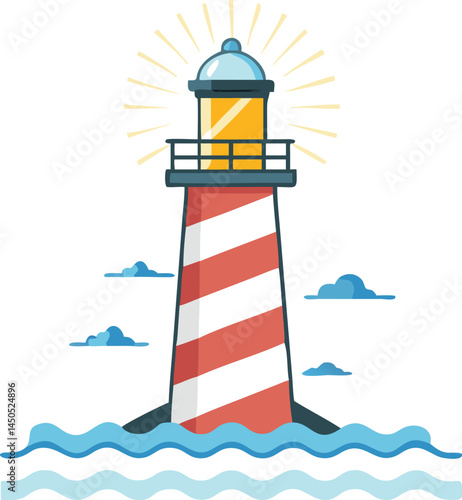 A tall striped lighthouse with a glowing beacon guiding ships along a rocky coastline