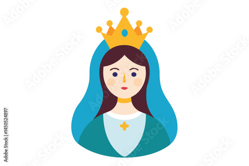 Illustration of the Virgin Mary wearing a golden crown and turquoise veil
