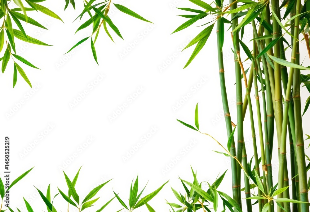 Fototapeta premium Vibrant green bamboo leaves & shoots border a pristine white background, composition, resource