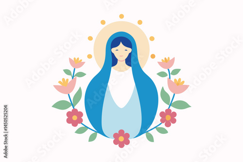 Stylized illustration of the Virgin Mary surrounded by a floral wreath