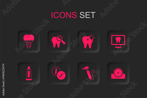 Set Toothache painkiller tablet, Broken tooth, Dental implant, drill, Online dental care, Otolaryngological head reflector, whitening and Tube of toothpaste icon. Vector