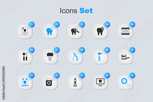 Set Online dental care, Dental implant, Tooth whitening, Calendar with tooth, search, Toothbrush toothpaste, Clipboard card and pliers icon. Vector