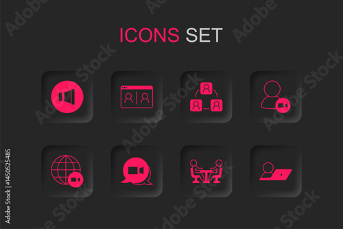 Set Video chat conference, Speaker volume, Meeting, and icon. Vector