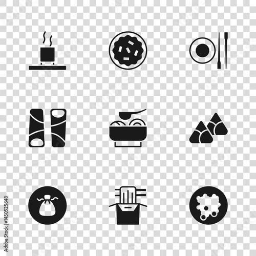 Set Asian noodles in paper box, Zongzi bamboo steamer, Rice bowl, Ramen soup, Food chopsticks with plate, Cup of, Homemade pie and Guotie icon. Vector