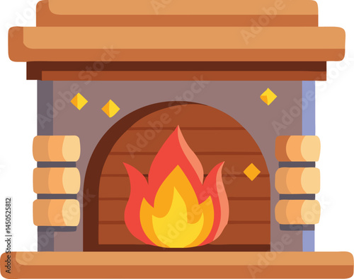 A cozy fireplace with detailed wooden mantel and glowing flames, surrounded by holiday decorations