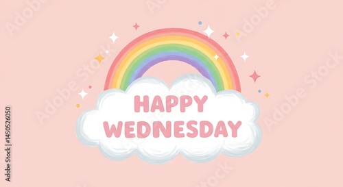 Cute pastel rainbow with cloud and sparkling stars illustration on pink background featuring cheerful “Happy Wednesday” greeting in playful typography

