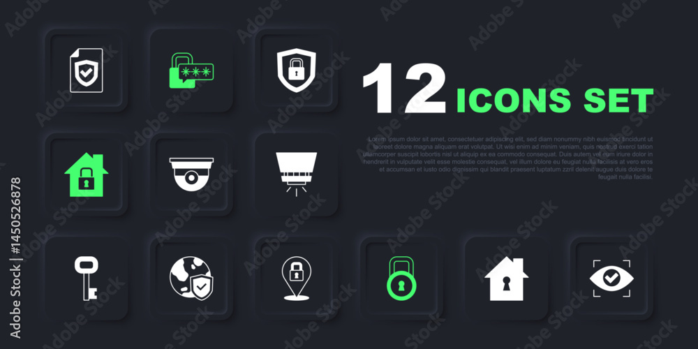 Set House under protection, Eye scan, Security camera, Lock, Shield with world globe, Cyber security and icon. Vector Set House under protection, Eye scan, Security camera, Lock, Shield with world globe, Cyber security and icon. Vector